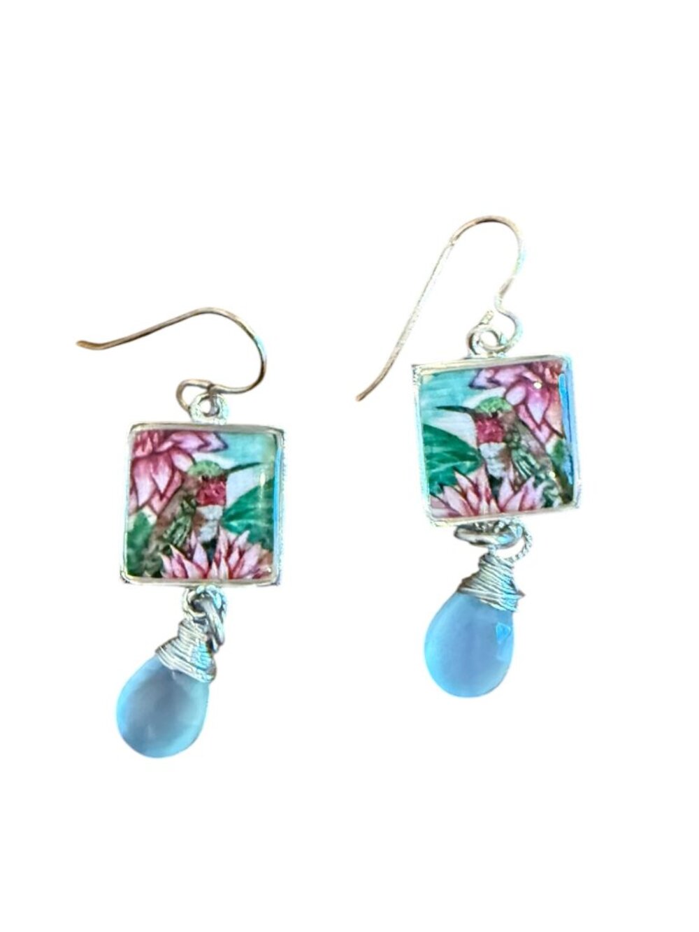 Artisan Hummingbird Floral Dangle Earrings Blue Teardrop 2โ Drop